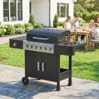 Outsunny Gazowy Grill 17,8 kW 6+1 Palników Wózek Grillowy ze Stali Nierdzewnej z Kółkami Boczny Palnik Termometr Ruszt Emaliowany(m-9)