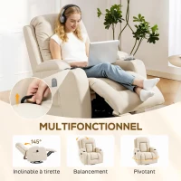 HOMCOM Fauteuil inclinable de massage et chauffage, fauteuil de relaxation, dossier réglable, pivotant 360°, 82x99x103cm, crème(m-5)
