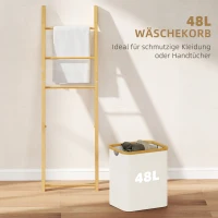 HOMCOM Badregal, 2-in-1 Badezimmerregal mit 3 Stangen, abnehmbarer 48L-Wäschekorb, Bambus, 43 x 35 x 133 cm, Cremeweiß(m-5)