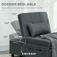 HOMCOM Fauteuil convertible 1 place fauteuil lit avec dossier réglable, siège rembourré et oreiller, gris(m-5)