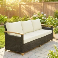 Outsunny 3 Seater Rattan Garden Sofa, PE Wicker Outdoor Sofa Wide Deep Seat, 4" Cushions, Wood-Effect Armrests Legs, Brown(m-2)