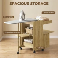 HOMCOM Dulap Masă de Călcat Rabatabilă cu Roți și Suport pentru Fier de Călcat, Dulap Multifuncțional cu Rafturi, Compartiment Deschis, pentru Spălătorie, Baie, 154x55x87 cm, Lemn Natural(m-5)
