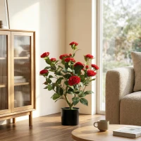 HOMCOM 65cm Artificial Camellia Flower Plant in Pot with 116 Lush Leaves & Moss Effect, Red(m-9)