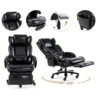 Chefsessel mit Massage- und Heizfunktion, Ergonomischer Bürostuhl mit Kunst-Leder, ausziehbare Fußstütze, 88 x 70 x 112,5 cm, Schwarz(m-14)