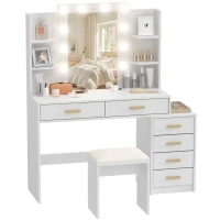 HOMCOM Schminktisch mit beleuchtetem Spiegel und gepolstertem Hocker, Schminkset mit 6 Schubladen und Ablagen, Weiß(m-11)