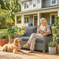 Outsunny 2 Seater Rattan Garden Sofa, Outdoor Sofa with Thickened Cushions and Acacia Wood Armrests, Dark Grey(m-9)