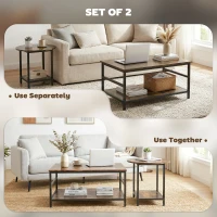 HOMCOM Zestaw stolików kawowych, 2-częściowy, prostokątny i okrągły z 2-poziomowym miejscem na przechowywanie, rustykalny brąz(m-4)