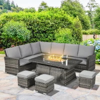 Outsunny All-Season Fire Pit Patio Furniture Set Wicker Sofa Set With 50000 Btu Fire Table For Outdoor Gatherings - Grey(m-10)