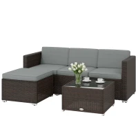 Outsunny 3 Pieces Garden Furniture Set w/ Cushions, PE Rattan Wicker Conversation Corner Sofa Set, Light Grey(m-11)
