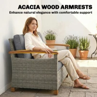 Outsunny 2 Seater Rattan Garden Sofa, Outdoor Sofa with Thickened Cushions and Acacia Wood Armrests, Dark Grey(m-5)