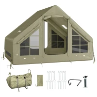 Outsunny Inflatable Camping Tent with Pump and Stove Jack Hole, Luxury Inflatable Tent with Mesh Windows, Doors, Olive Green(m-10)