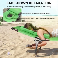 Outsunny Folding Sun Lounger with Face Hole, 4-Position Adjustable Backrest Garden Recliner Chair Sunbed, Outdoor Lounge Chair with 600 D Oxford Cloth Seat, Pillow for Beach, Green(m-4)