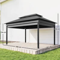 Outsunny Gazebo da Giardino 4x3 m con Tende Laterali, Doppio Tetto, Fori di Drenaggio, Grigio Scuro(m-3)