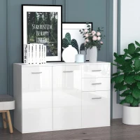 HOMCOM Buffet salon à haut brillance, meuble de rangement avec 2 tiroirs, 3 portes et étagère réglable, style contemporain, buffet salle à manger et cuisine, 106 x 35 x 76 cm, blanc(m-2)