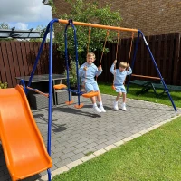 Outsunny Four-In-One Metal Garden Swing Set, with Double Swings, Glider, Slider, Ladder - Orange and Blue(m-3)