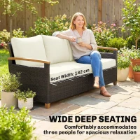 Outsunny 3 Seater Rattan Garden Sofa, PE Wicker Outdoor Sofa Wide Deep Seat, 4" Cushions, Wood-Effect Armrests Legs, Brown(m-6)