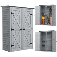 Outsunny Caseta de Jardín de Madera 115x53x156 cm Armario para Herramientas con Puertas Dobles y Estantes Techo Inclinado Gris(m-11)