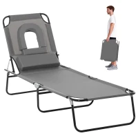 Outsunny Leżanka z otworem na twarz i poduszką, składana, z wodoodpornym pokrowcem, metalowa rama, ciemnoszara(m-11)