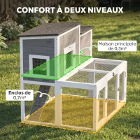 PawHut Clapier Lapin Extérieur en Bois Cage à Lapin Intérieur Double Toit Ouvrant Imperméable 2 Niveaux avec Enclos Gris(m-4)