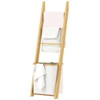 HOMCOM Badregal, 2-in-1 Badezimmerregal mit 3 Stangen, abnehmbarer 48L-Wäschekorb, Bambus, 43 x 35 x 133 cm, Cremeweiß(m-10)