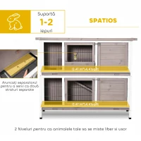 PawHut cușcă pentru iepuri din lemn cu 2 niveluri, acoperiș rabatabil, hrănitoare și tăvițe detașabile, 122x50x101 cm, maro(m-4)