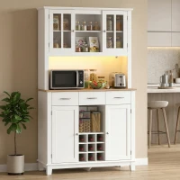 HOMCOM Alacena de Cozinha com Iluminação LED Controlada por APP Tampo para Micro-ondas Suporte para Garrafas Portas de Vidro Branco(m-4)