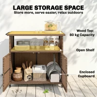 Outsunny Wózek serwisowy Rattanowy wózek kuchenny z FSC certyfikowaną powierzchnią eukaliptusową, półką, kółkami i uchwytem bocznym 95 x 54 x 84 cm(m-5)