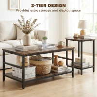 HOMCOM Zestaw stolików kawowych, 2-częściowy, prostokątny i okrągły z 2-poziomowym miejscem na przechowywanie, rustykalny brąz(m-5)