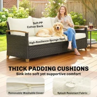 Outsunny 3 Seater Rattan Garden Sofa, PE Wicker Outdoor Sofa Wide Deep Seat, 4" Cushions, Wood-Effect Armrests Legs, Brown(m-4)