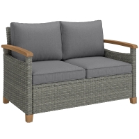 Outsunny 2 Seater Rattan Garden Sofa, Outdoor Sofa with Thickened Cushions and Acacia Wood Armrests, Dark Grey