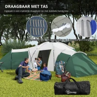 Outsunny Kampeertent voor 6-9 Personen, 4 Kamers, Voortent, Waterdicht, 615x615x225cm, Groen(m-4)