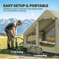 Outsunny Inflatable Camping Tent with Pump and Stove Jack Hole, Luxury Inflatable Tent with Mesh Windows, Doors, Olive Green(m-5)