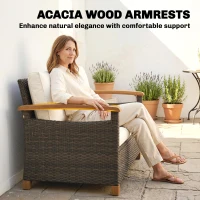 Outsunny 2 Seater Rattan Garden Sofa, Outdoor Sofa with Thickened Cushions and Acacia Wood Armrests, Brown(m-5)