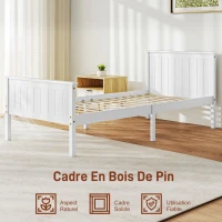 HOMCOM Cadre de lit 90 x 200 cm, lit simple en bois massif avec sommier à lattes tête et pied inclus, assemblage facile, blanc(m-4)