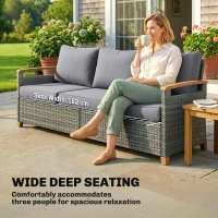 Outsunny 3 Seater Rattan Garden Sofa, PE Wicker Outdoor Sofa Wide Deep Seat, 4" Cushions, Wood-Effect Armrests Legs, Dark Grey(m-6)