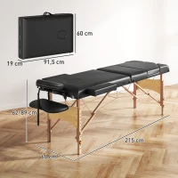 HOMCOM Camilla Masaje Plegable de Madera de 3 Zonas con Altura Ajustable Reposacabezas Reposabrazos 215x60x62-89 cm Negro(m-3)