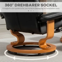 HOMCOM Relaxsessel mit Hocker, drehbar & neigbar, Kunstlederbezug, bis 150 kg, Holzgestell, Schwarz(m-5)