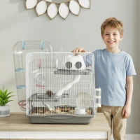 PawHut Cușcă pentru Hamsteri pe 3 Niveluri și 14 Tuburi cu Căsuță, Rampă și Accesorii, din Metal și Plastic, 45x30x45 cm, Gri(m-9)