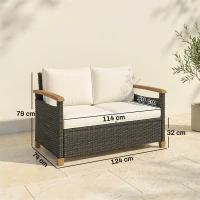 Outsunny 2 Seater Rattan Garden Sofa, Outdoor Sofa with Thickened Cushions and Acacia Wood Armrests, Brown(m-3)