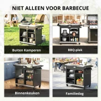 Outsunny Grillwagen met 5 niveaus, roestvrijstalen werkblad, verstelbare planken, lade, wielen, kruidenrek en handdoekhouder(m-8)