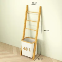 HOMCOM Badregal, 2-in-1 Badezimmerregal mit 3 Stangen, abnehmbarer 48L-Wäschekorb, Bambus, 43 x 35 x 133 cm, Cremeweiß(m-3)