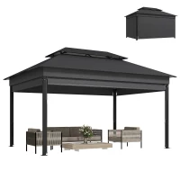 Outsunny Gazebo da Giardino 4x3 m con Tende Laterali, Doppio Tetto, Fori di Drenaggio, Grigio Scuro(m-11)