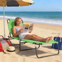 Outsunny Folding Sun Lounger with Face Hole, 4-Position Adjustable Backrest Garden Recliner Chair Sunbed, Outdoor Lounge Chair with 600 D Oxford Cloth Seat, Pillow for Beach, Green(m-8)