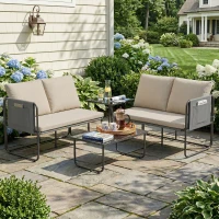 Outsunny Conjunto de Jardim de 4 peças Móveis de Exterior com 2 Sofás de 2 Lugares 2 Mesas de Vidro Almofadas Capas Removíveis Preto e Bege(m-2)