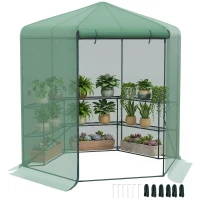 Outsunny Invernadero de Jardín Hexágono 194x194x215 cm Vivero Casero con 6 Estantes Puerta Enrollable y Marco de Acero Galvanizado para Cultivos Plantas Macetas Flores Verde(m-10)