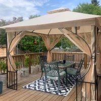 Outsunny 3 x 3(m) Garden Gazebo Patio Party Tent Shelter Outdoor Canopy Double Tier Sun Shade Metal Frame Netting, Beige(m-8)