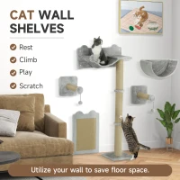 PawHut 5 Piece Cat Shelf Set, Wall Mounted Cat Tree with Scratching Posts & Pad, Cat Bed, Ladder, Steps, Dangling Toy Balls, Jumping Platform, for Indoor Cats, Light Grey(m-4)
