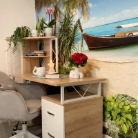 HOMCOM Computer Desk with Drawers and Bookshelf, Writing Desk for Home Office with Storage Shelves, Study Workstation, Oak(m-7)