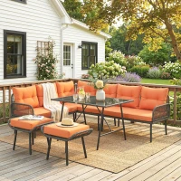Outsunny 6 Piece Rattan Garden Furniture Set, 8 Seater Garden Corner Sofa with Cushions and Glass Top Table, Orange(m-2)