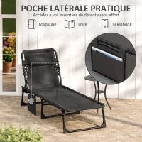 Outsunny Chaise longue pliable bain de soleil transat de relaxation dossier inclinable 5 niveaux têtière amovible pochette latérale intégrée revêtement textilène acier dim. 189x58x30cm noir(m-7)